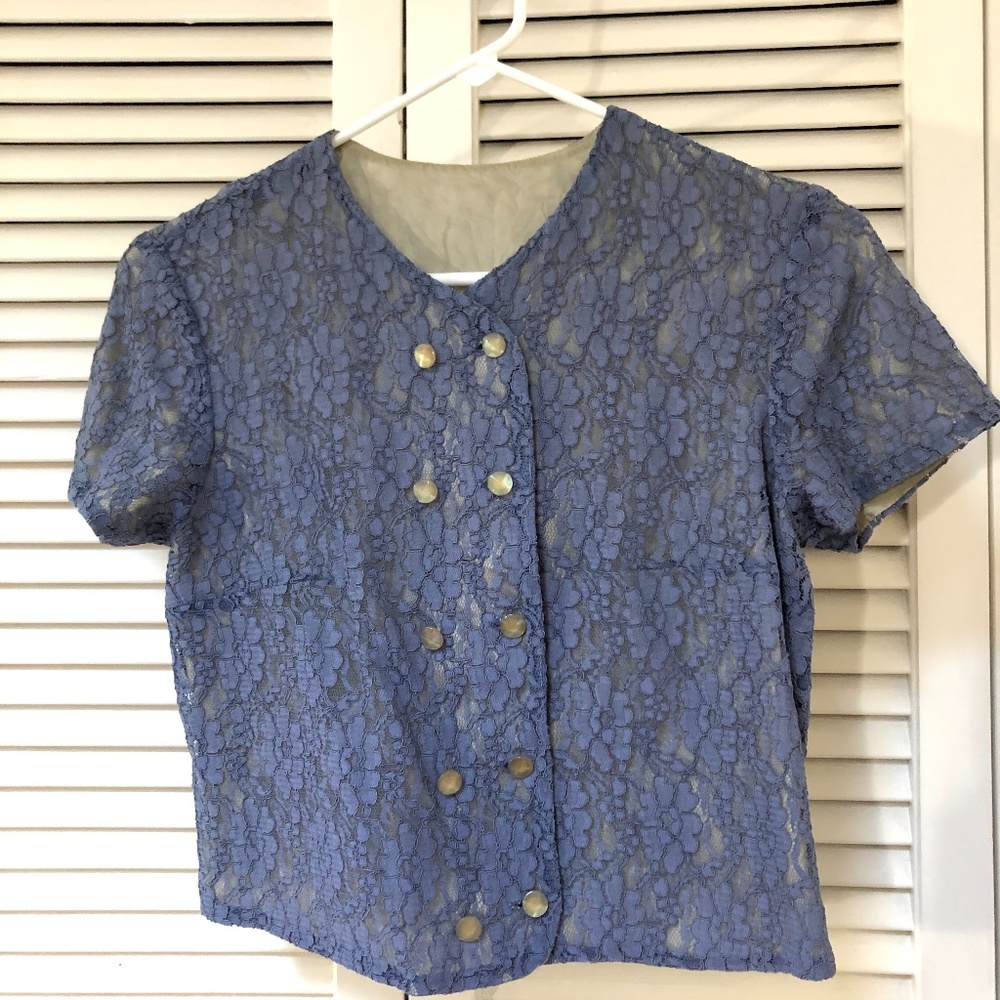 Vintage 90s Sisley Italy Lace Blouse Short Sleeve Fully Lined Periwinkle Blue XS